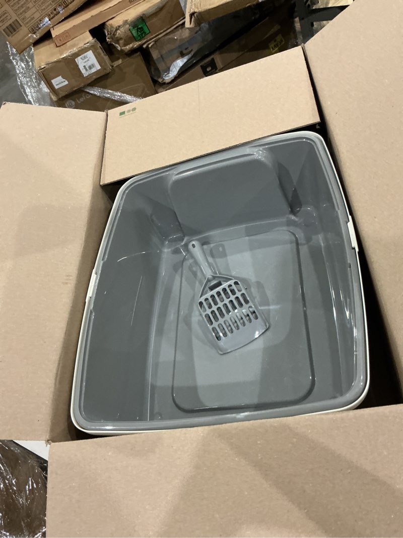 Condition photo showing Good Condition for amazon basics large cat litter box with high sides, open top for easy access, includes scoop with storage, 19" x 15" x 11.75", grey/beige grey/beige open top