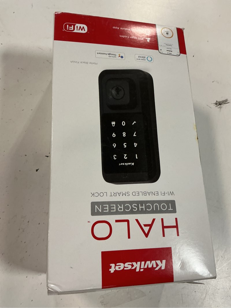 Condition photo showing New/Like New for kwikset halo wi-fi smart lock, keyless entry front door touchscreen deadbolt, matte black finish, grade aaa certified, ul listed, easy install no hub, app control matte black smart lock