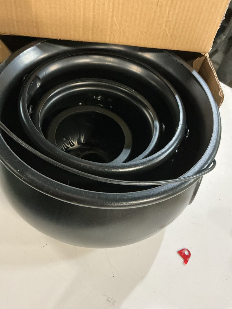 Condition photo showing Good Condition for 5 Pcs (12.8",9.8”, 7.6”, 5.7”, 2.7”) Large Halloween Cauldron, Black Plastic Witch Cauldron Bowl, Cauldrons Pot Candy Bucket for Halloween & St. Patrick’s Day Party Favors Decor
