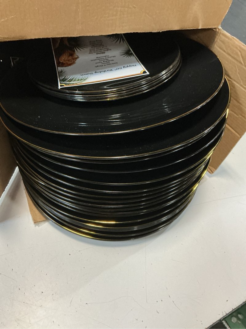 Condition photo showing As Is for kire 100pcs black and gold plates - black plastic plates disposable with gold rim include 50pcs 10.25inch dinner plate and 50pcs 7.5inch dessert/salad plate for party/wedding/graduation/father's day black and gold 100 pcs