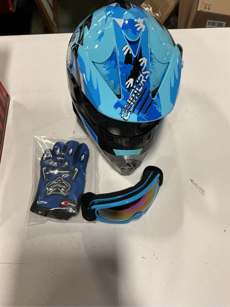 Condition photo showing Good Condition for DOT Youth Dirt Bike Helmet with Goggles & Gloves for 5-14 Years Old, Kid ATV Helmets for Youth Boys Girls, Four Wheeler Helmet, Motocross BMX MX UTV Offroad Street Go Kart Dirt Bike Dinosaur Large Dino Blue