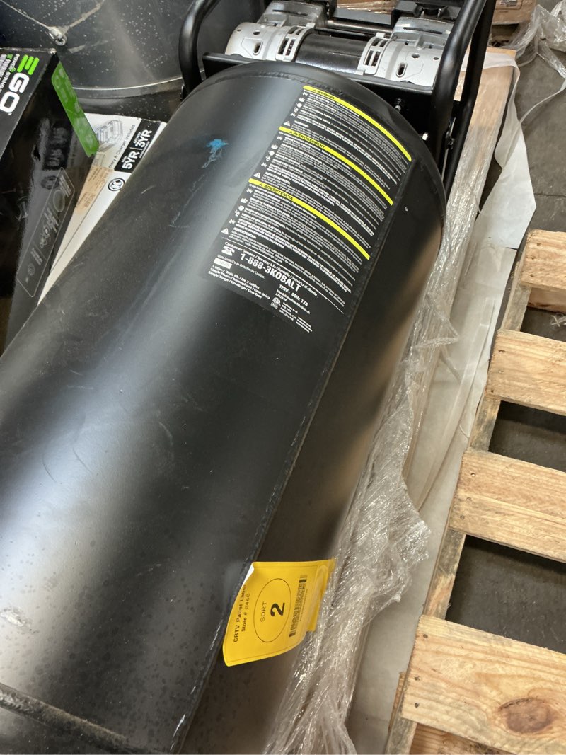 Condition photo showing As Is for kb 26-gal quiet compresso model:3332644 kobalt quiet tech 26-gallon portable electric 150 psi vertical air compressor
