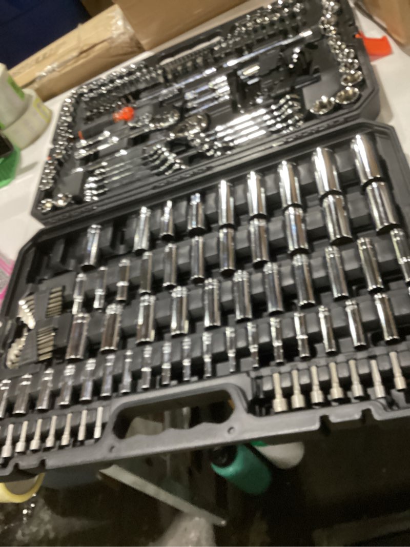 Condition photo showing As Is for incompletevevor mechanics tool set, 253-piece mechanic tool kit, 1/4 in, 3/8 in, and 1/2 in drive, sae and metric socket set, wrenches, screwdriver bits, accessories, and storage case, for automotive repair 1/4\"&3/8\"&1/2\" 253 pcs