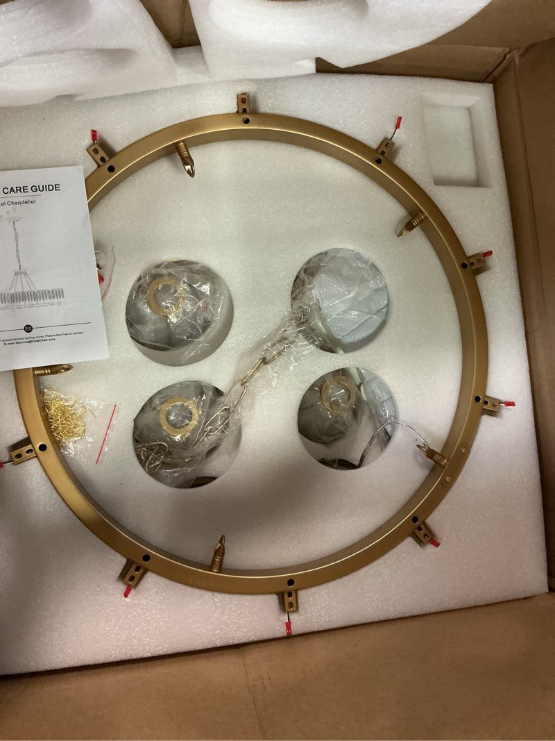 Condition photo showing Good Condition for gold crystal chandelier for dining room, 16-light modern chandelier, 31.5-inch k9 crystal raindrop ceiling light, luxury flush mount light fixture for kitchen living room entryway bedroom brass gold d31.5" h9.8"