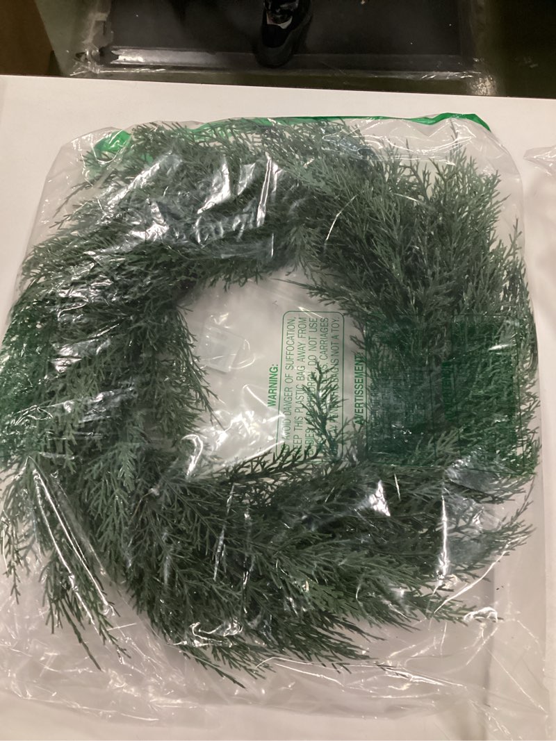Condition photo showing New/Like New for Zeyune 24 Real Touch Christmas Cedar Wreath for Front Door Extra-Full Large Artificial Green Pine Wreath Faux Pine Green Wreaths for Xmas Home Indoor Outdoor Wall Window Farmhouse Fireplace Decor