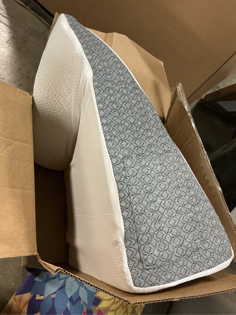 Condition photo showing As Is for Wedge Pillow for Sleeping & Resting, 24"x24"x10" Memory Foam Cushion with Grey and White Patterned Polyester Cover, Ideal for Bedroom & Living Room – Comfortable Support for Adults Grey & White 10 inch