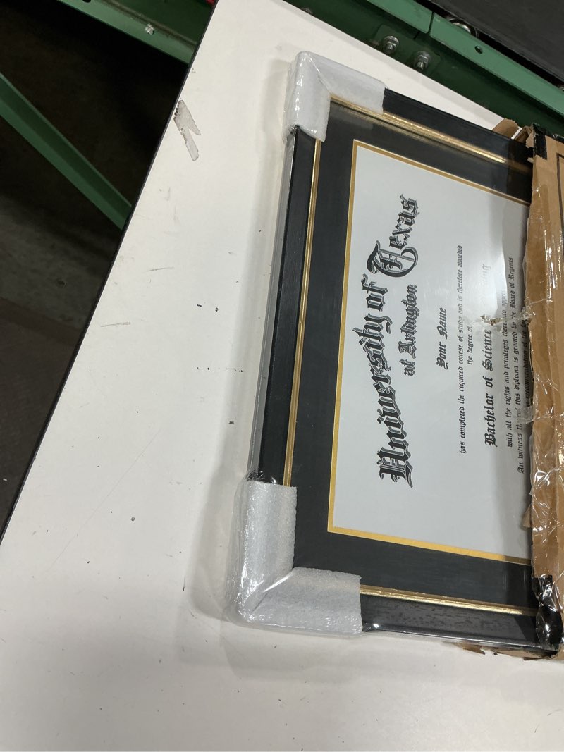Condition photo showing New/Like New for framepro 11x14 diploma frame with black over gold mat, 14x17 certificate frame, real wood with gold trim, black frame with arcylic 11x14 with black over gold mat black