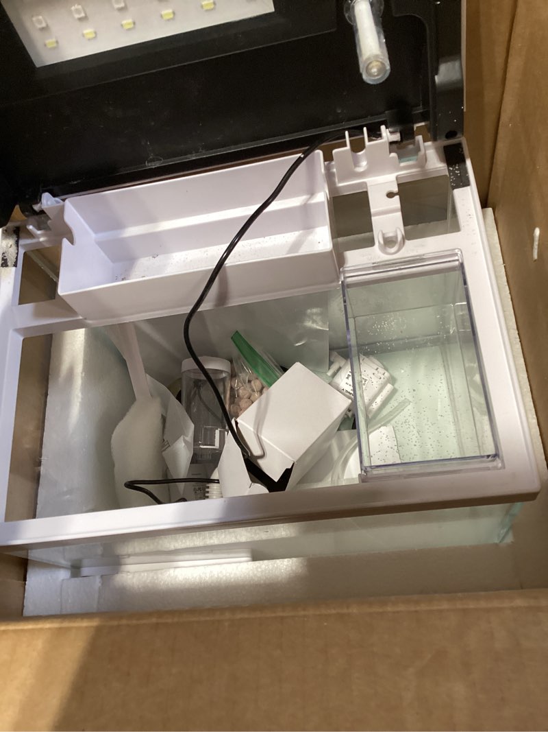 Condition photo showing As Is for vehipa fish tank, smart fish aquarium kit 4.2 gallon with auto feeder, 4-in-1 silent pump, adjustable lighting, temperature display & humidifier for desktop, office, room 4.2 gallon white