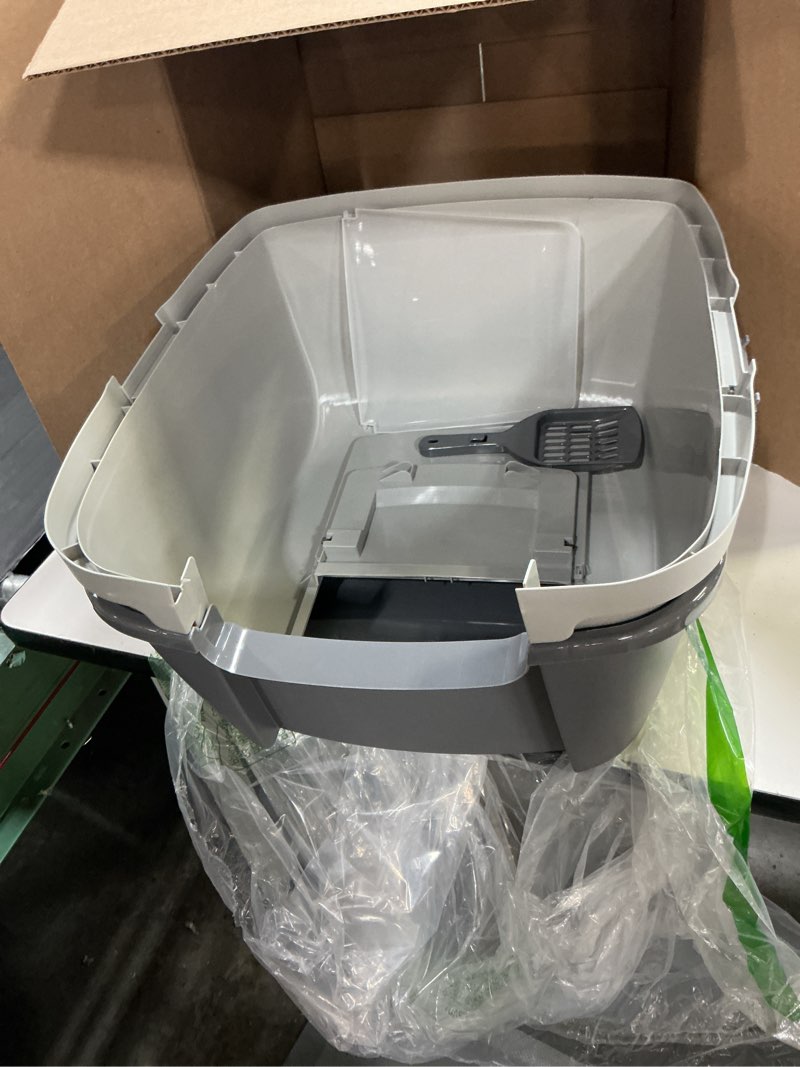 Condition photo showing Good Condition for iris usa cat litter box large with front door flap, covered enclosed litter box enclosure with scoop, handle & buckles for portability & privacy, hidden litter pan, gray jumbo enclosed dark gray w/ scoop
