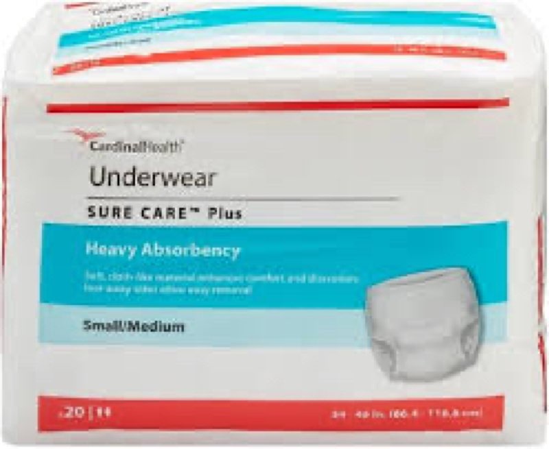 cardinal health™ protective underwear, sure care™ plus, heavy absorbency, size small/medium, pull-on adult disposable underwear with tear-away seams, cloth-like & discreet – case of 80 small/medium case of 80
