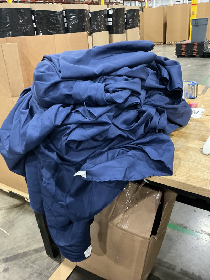 Condition photo showing As Is for 12 pack round tablecloths - 120 inch, navy blue polyester table cover, stain and wrinkle resistant washable fabric table cloth for wedding banquet parties