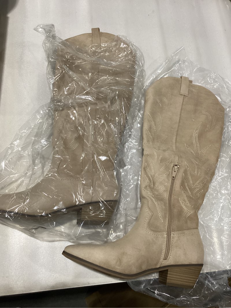 Condition photo showing New/Like New for Bigwow Women's Western Cowboy Knee-High Boots Suede Embroidery Pointed Toe Tall Boots Side Zipper Low Chunky Heel Long Boots for Ladies