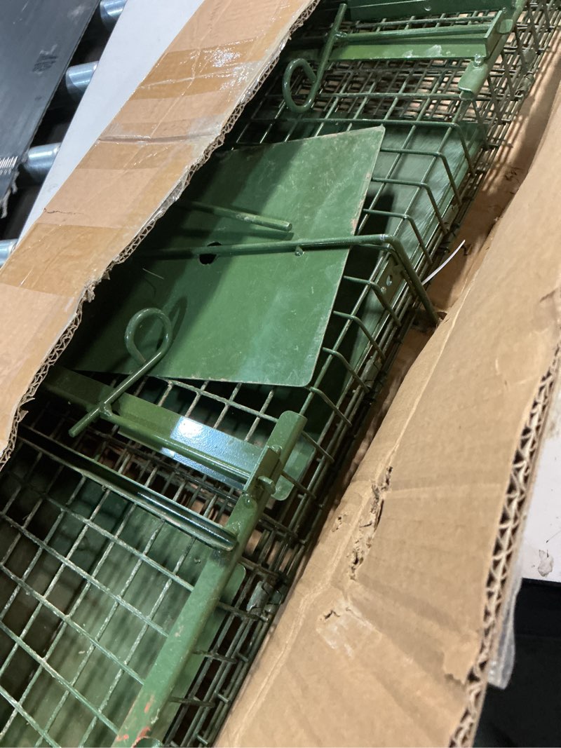 Condition photo showing As Is for live humane animal trap, 32\" x 11\" x 12\" heavy duty humane animal cage trap catch and release, foldable cat trap for stray cats, raccoons, groundhogs, opossums, armadillos, and similar-sized animals 31\" x 11\" x 12\" green
