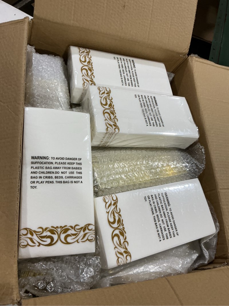 Condition photo showing Good Condition for goodluck 700 pieces gold dinnerware set for 100 guests, disposable for party, include: 100 gold rim dinner plates, 100 dessert plates, 100 paper napkins, 100 cups, 100 plastic silverware set gold 100 guests