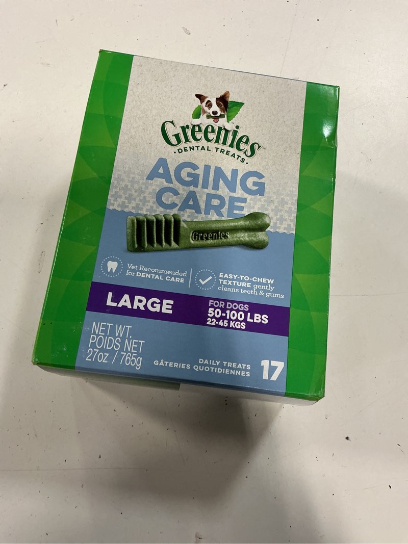 Condition photo showing New/Like New for (BBD: 27/OCT /2025 )Greenies Dental Treats for Dogs, Veterinarian-Recommended Aging Care Adult Natural Dental Dog Treats, Large Size, 27 oz. Pack, 17 Count Aging Care 17 Count (Pack of 1)