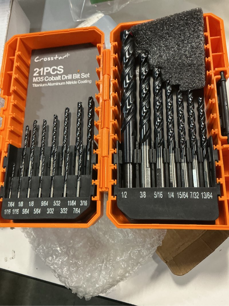 Condition photo showing Good Condition for Crosstar M35 Cobalt Drill Bit Set for Hardened Metal & Stainless Steel - 21pcs Titanium Aluminum Nitride Coated (TiAlN), Three-Flute Design, 1/16"-1/2" Metal Drill Bits 21pcs set