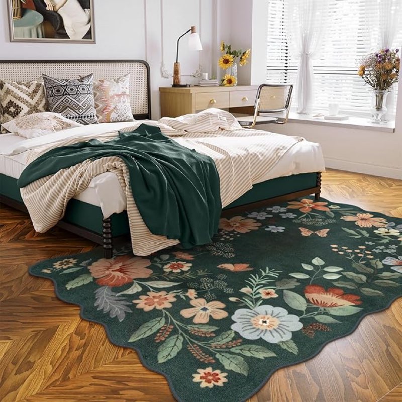 Lahome Floral Washable Living Room Rugs, 5x7 Green Area Rugs for Bedroom ????Nursery, Ultra-Thin Soft Non-Slip Stain Resistant Boho Throw Carpet for Dining Room Office Flore, Dark Green