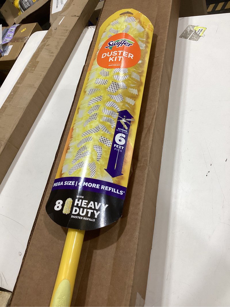 Condition photo showing Good Condition for swiffer duster kit with 6 ft super extendable handle, heavy duty starter kit with 8 refills