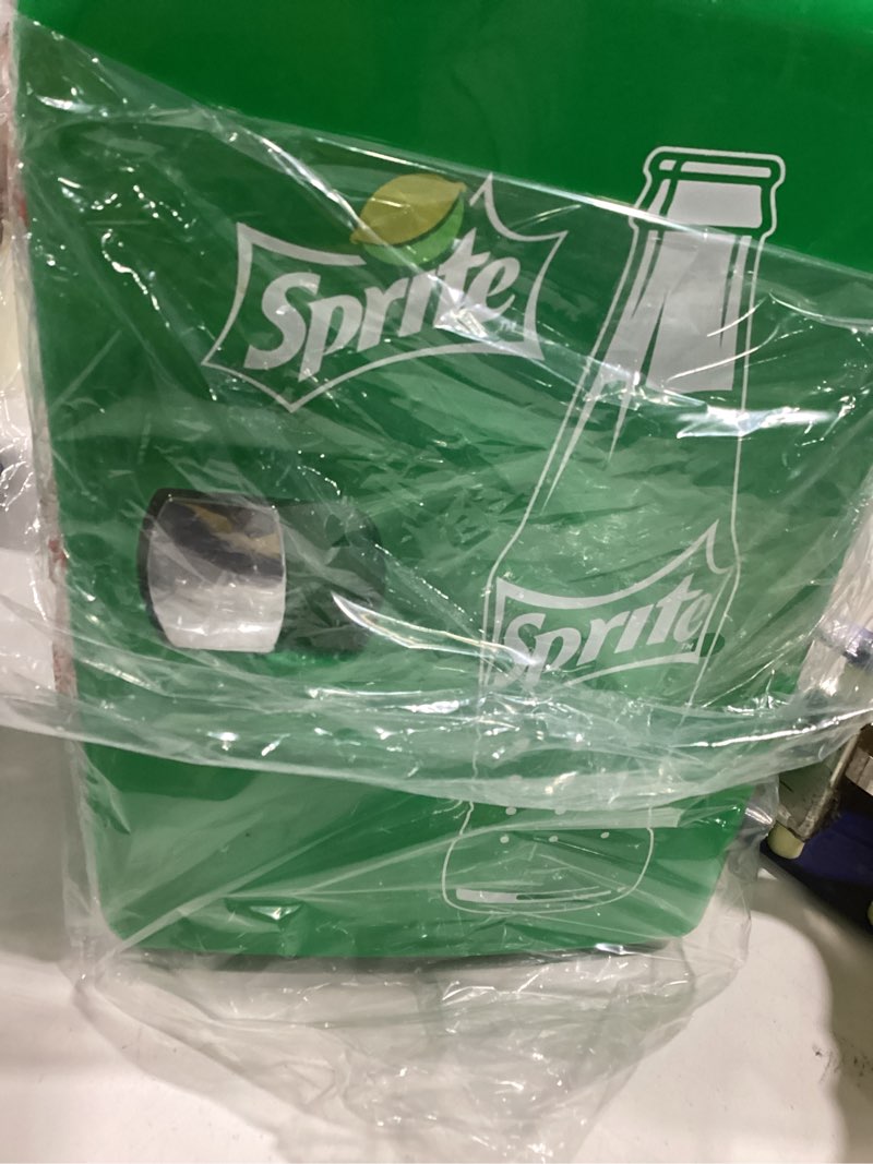 Condition photo showing As Is for Sprite Mini Fridge - 6 Can Refrigerator for Bedroom Office, Portable Table Top Beverage Cooler, 12V 110V Refrigerador For Drinks, Soda, Wines, Use In Car, Dorm, Outdoor, Patio