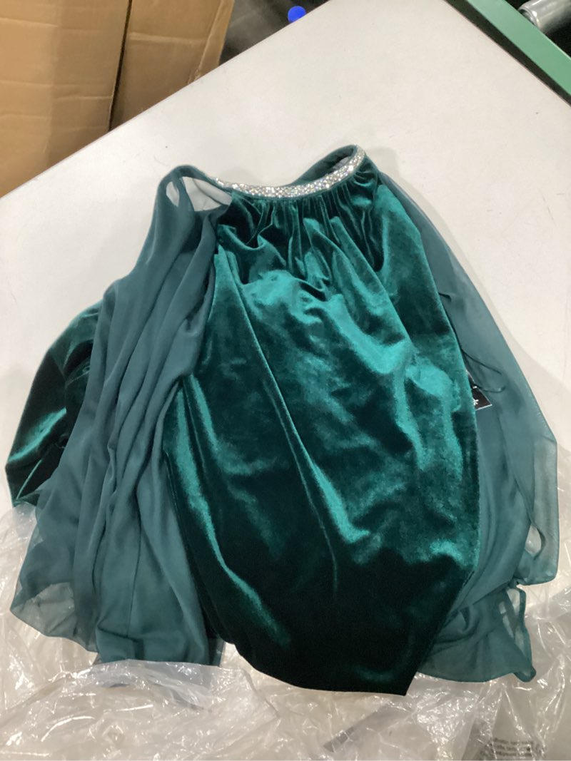 (Size 6)R&M Richards Women's Long Velvet Dress W/Rhinestone Neck & Chiffon Cape Hunter