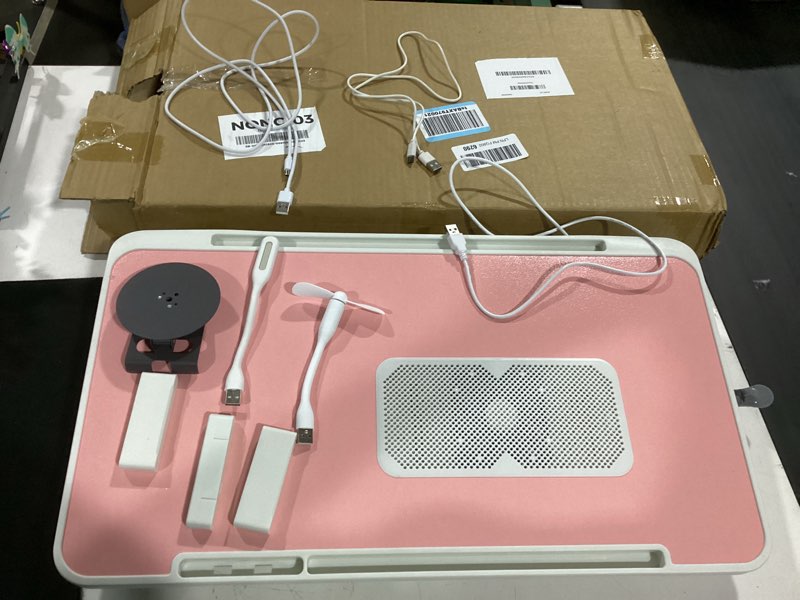 Condition photo showing As Is for ixtra laptop lap desk include cooling fan,adjustable lap desk with light fan,folding laptop desk for bed with usb,bed desk with storage drawer 60x40cm,pink pink+holder,60x40cm