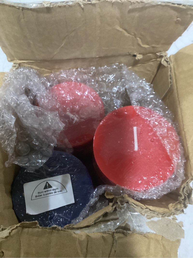 Condition photo showing New/Like New for conelist set of 3 red white blue pillar candles 4th of july patriotic pillar candles 250th anniversary memorial day gifts for independence day party decorations table home decor