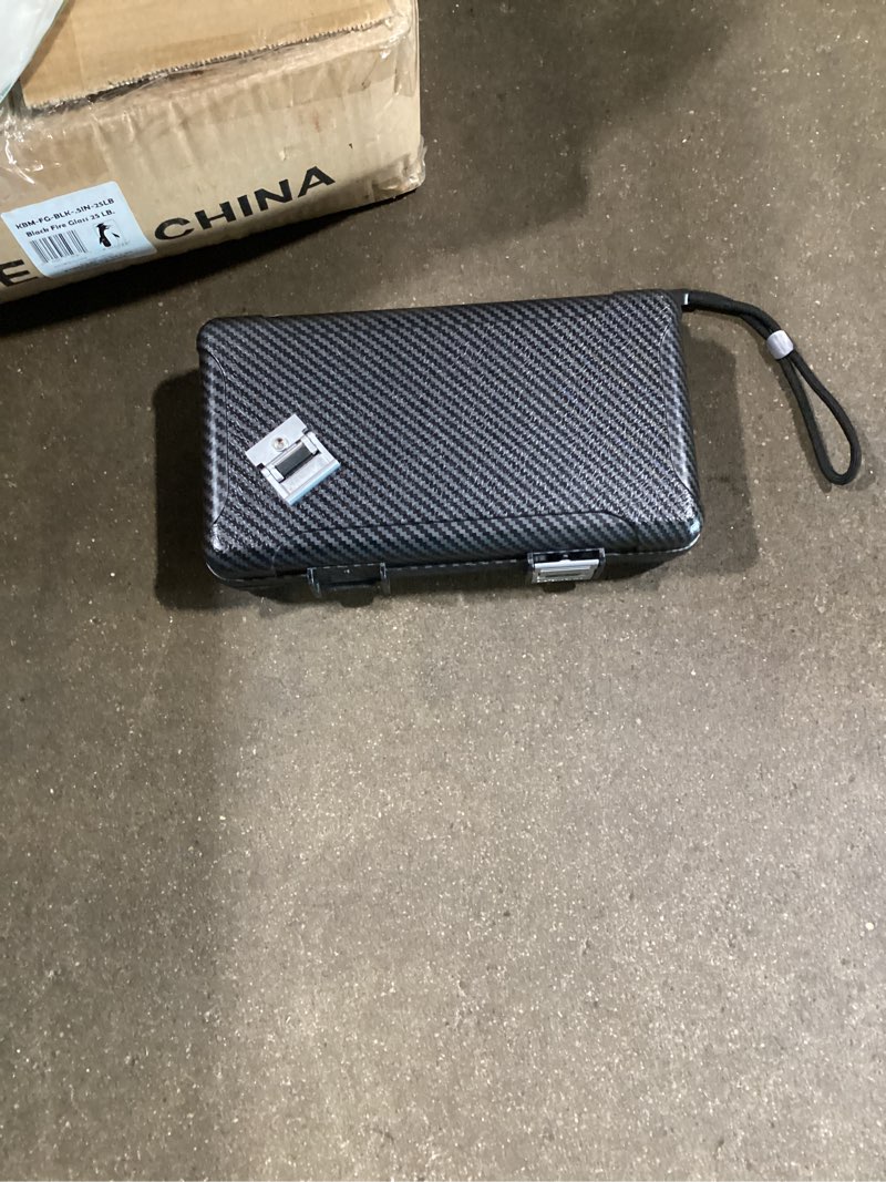 Condition photo showing As Is for cigar humidor, portable travel cigar box, double cigar humidor with separate storage for cigar accessories, cigar travel case with cigar lighter(no butane), holds 5 cigars (carbon fiber)