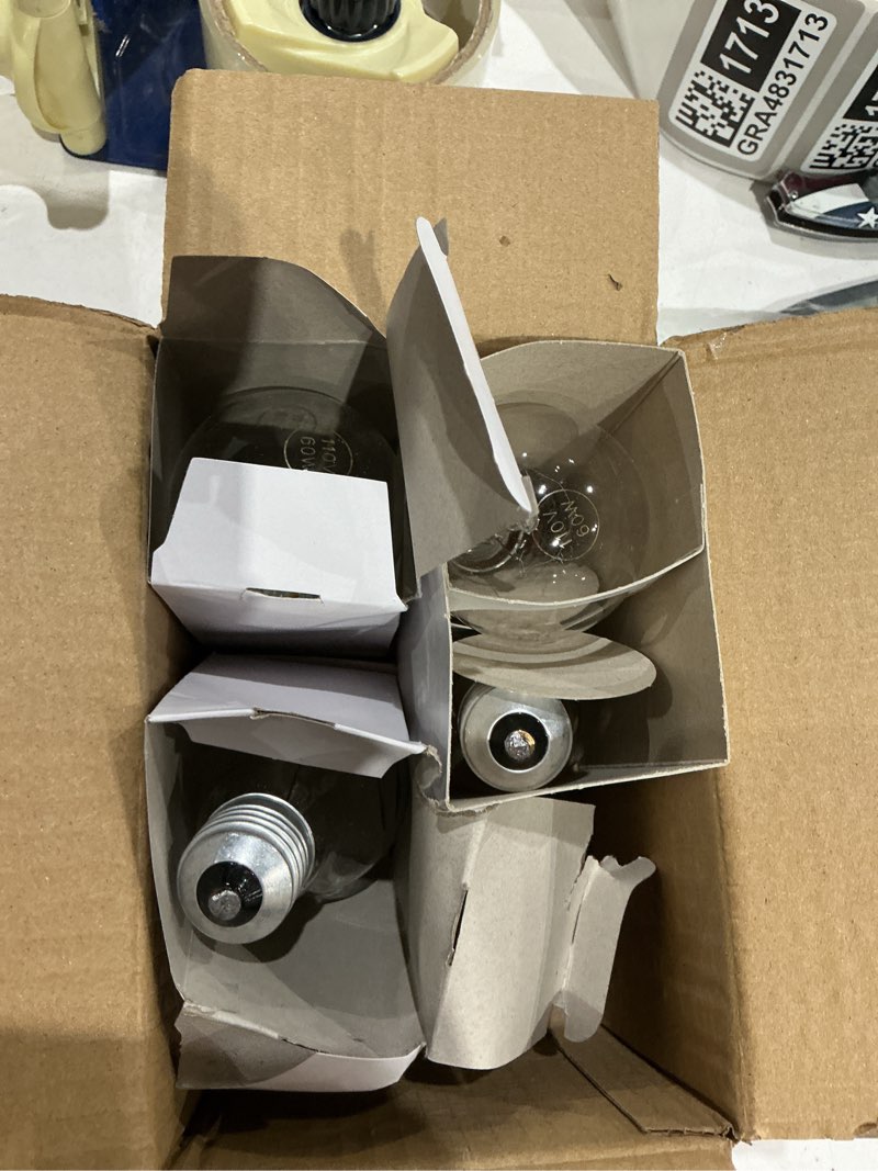 Condition photo showing As Is for 60 watt incandescent light bulbs, a19 shatter resistant rough service light bulb, soft white, 6 pack white 6