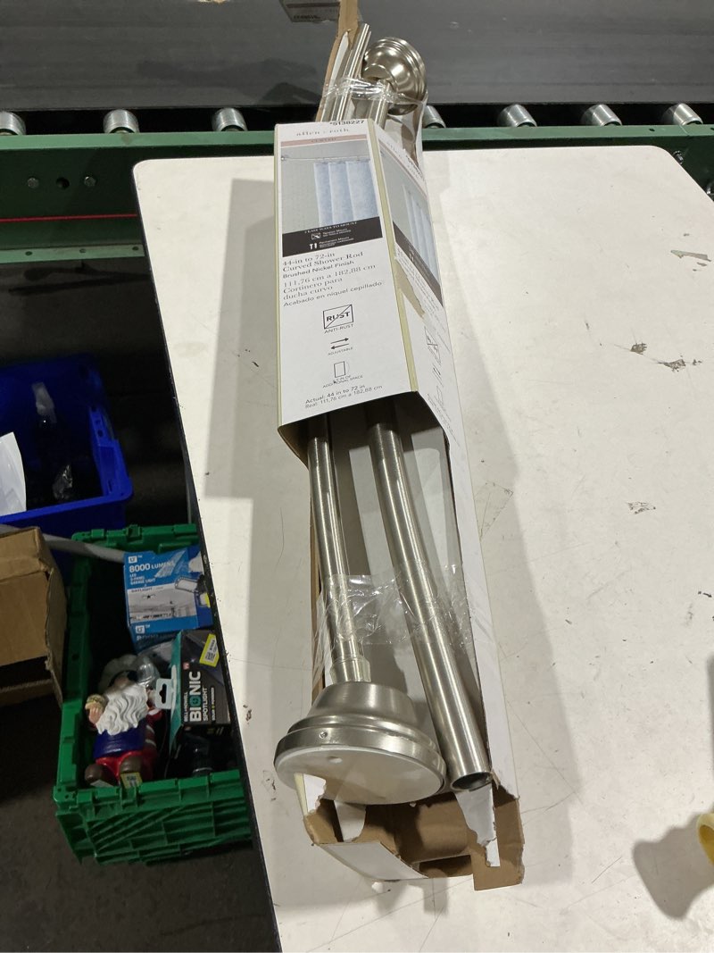 Condition photo showing As Is for allen + roth 44-in to 72-in brushed nickel fixed or tension single curve adjustable shower curtain rod