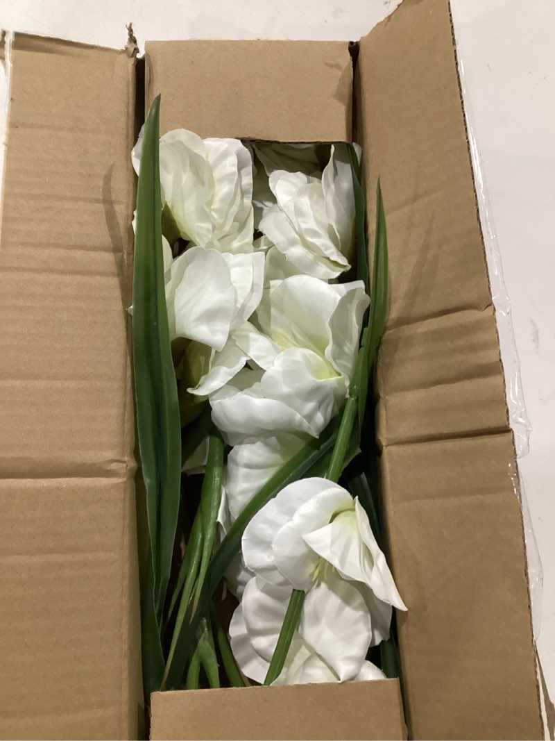 Condition photo showing New/Like New for white gladiolus artificial flowers 3 pcs silk flowers with stems white fake tropical flower for vase spring summer decoration faux florals stems fillers for table centerpieces, wedding, home decor