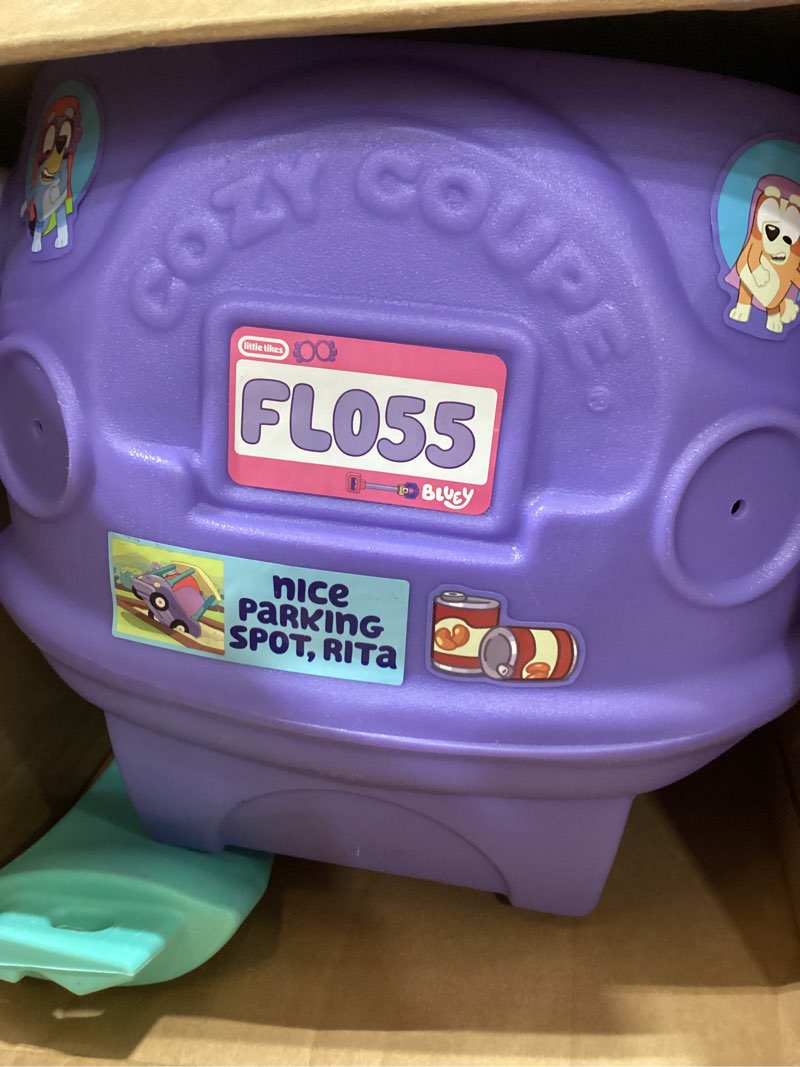 Condition photo showing As Is for little tikes bluey grannies car coupe with 2 accessories, bluey foot-to-floor ride-on, for boys and girls ages 1.5-5 years