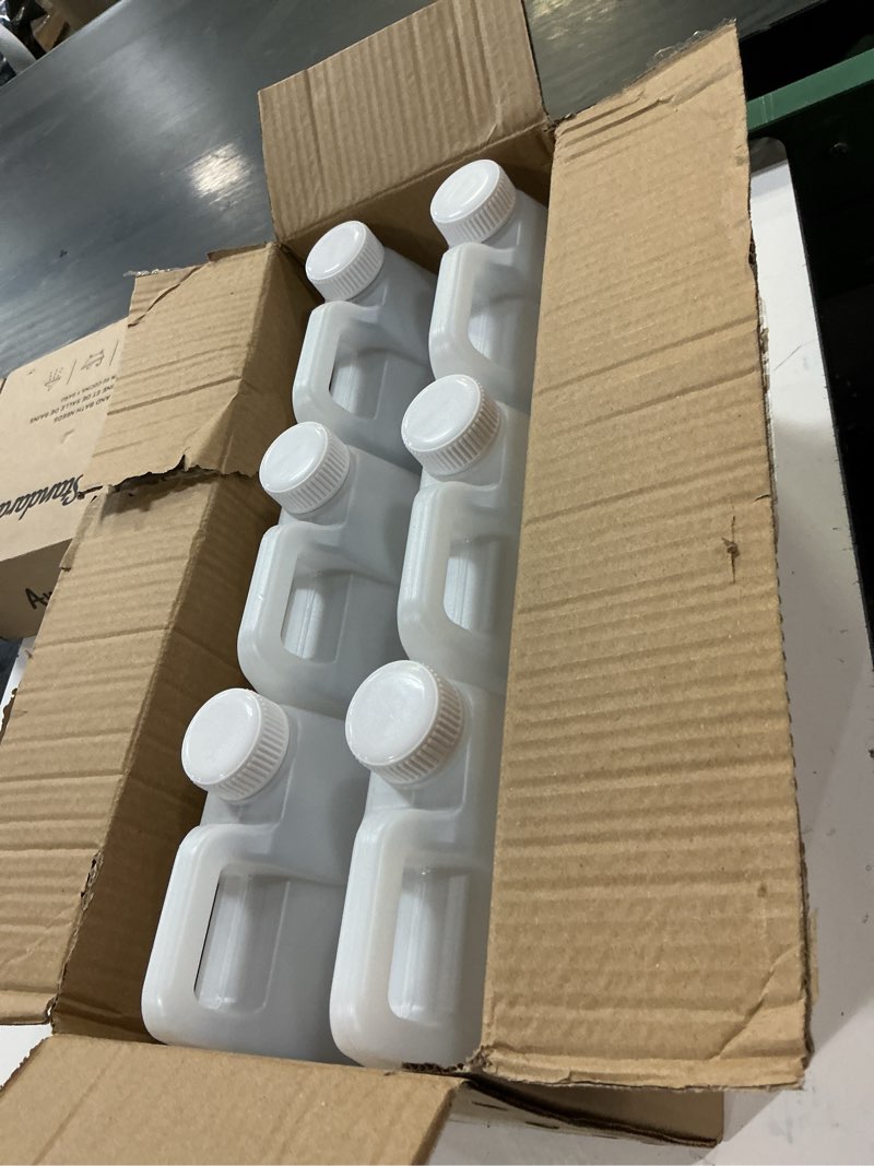 Condition photo showing New/Like New for bpfy 6 pack 64 oz clear plastic jugs with lids, water jug storage containers with ergonomic handle, hdpe containers for water, sauces, beverage, soaps, liquids (0.5 gallon)
