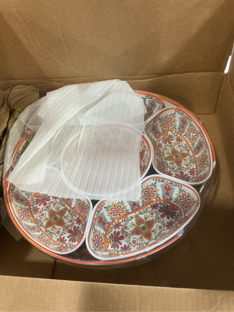 Condition photo showing As Is for tp taco bar serving set, melamine serving platter with lazy susan, serving tray and bowls, taco tuesday kit snack holder for party and fiesta, talavera bloom orange