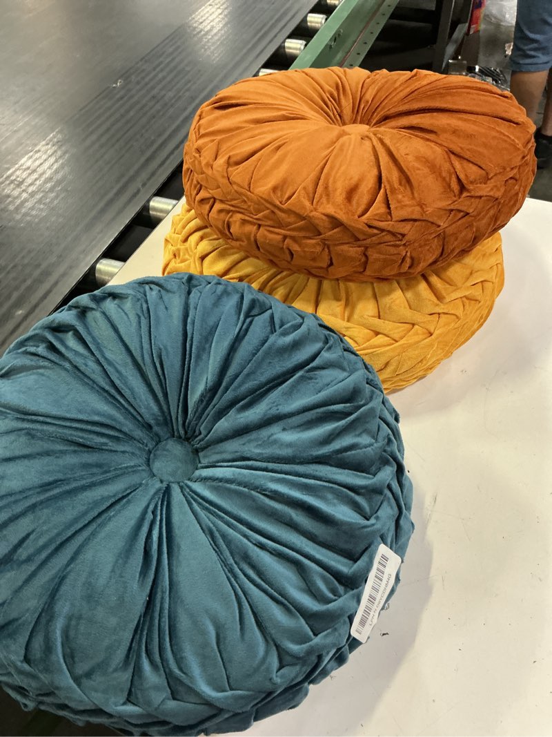 Condition photo showing Good Condition for drydiet 3 pcs round throw velvet pillows decorative pleated throw pillows diameter accent pumpkin boho chair cushion for couch sofa home decoration (yellow,brunt orange,blue,15'') 15'' yellow,brunt orange,blue 3