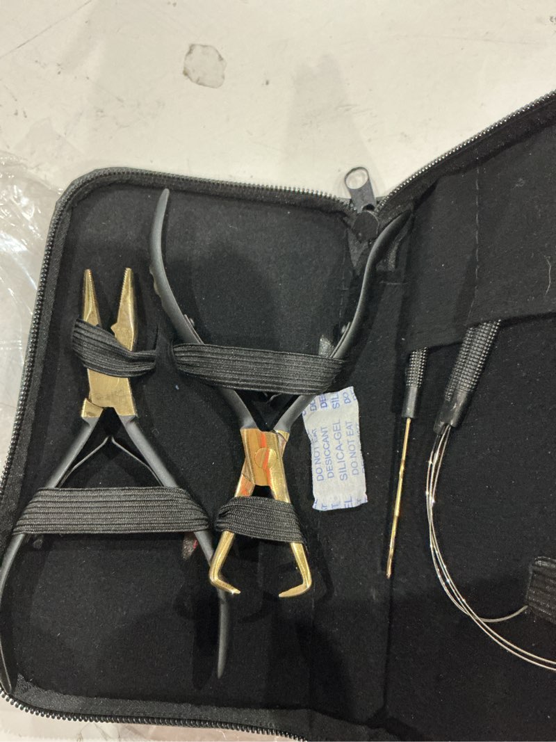 Condition photo showing Good Condition for professional hair extension & beading tool kit remove plier set for beads (4 piece) i-link micro ring loop needle pulling hook threader wire for silicone rings (black gold)