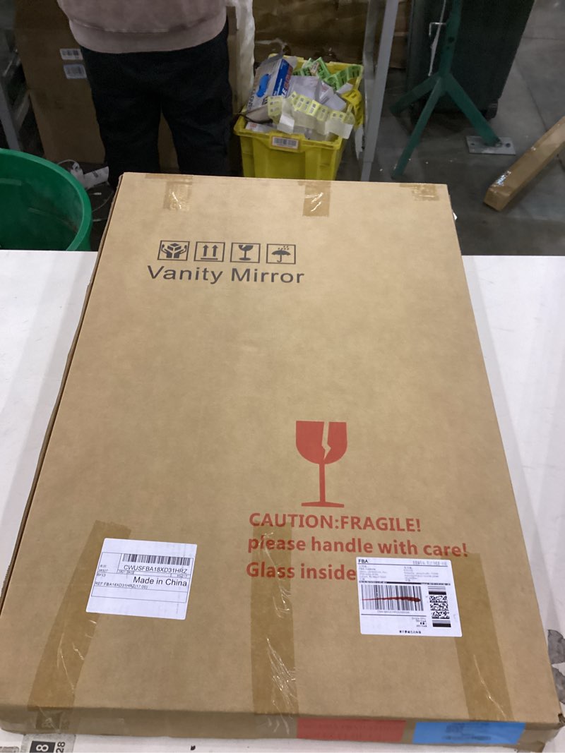 Condition photo showing New/Like New for LED Wall Mirror Irregular Asymmetrical Wall Mirror for Living Room Bathroom Entryway, Modern Decorative Mirror Hanging (Hook Style, 30'' x 18''Walnut Walnut With Led 30"L x 18"W