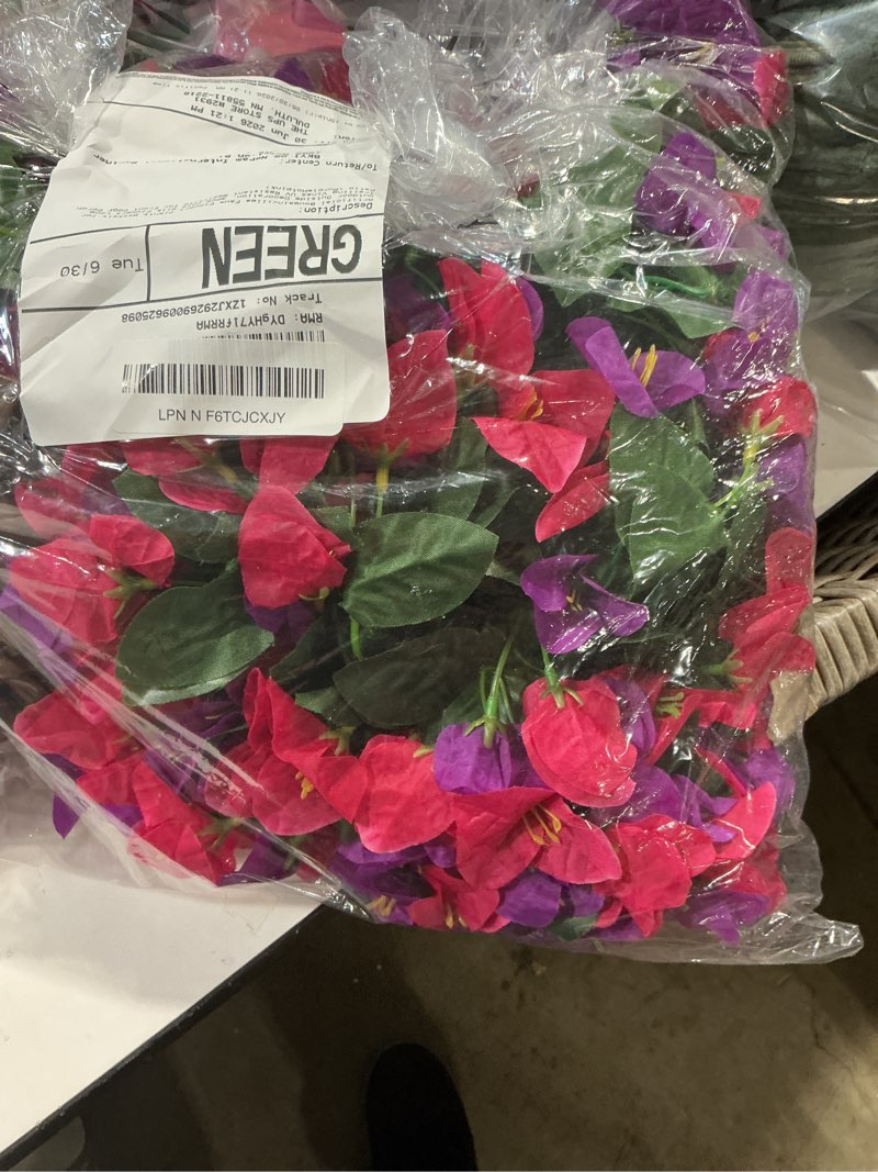 Condition photo showing Good Condition for artificial bougainvillea faux flowers plants baskets for outdoor outside decoration, 3pcs fake silk flowers long trailing vines uv resistant realistic for front door porch patio (purplehotpink)
