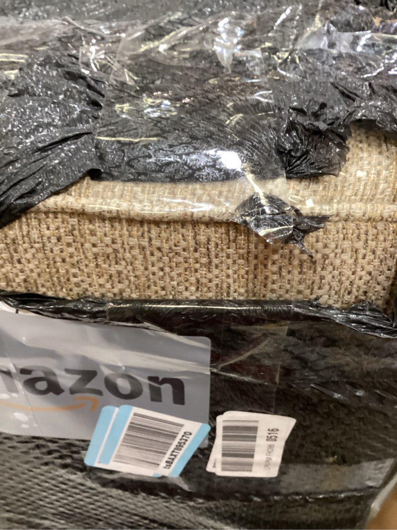 Condition photo showing As Is for Homepop Home Decor | Medium Square Storage Ottoman with Hinged Lid | Ottoman with Storage for Living Room & Bedroom, Tan Cream Woven