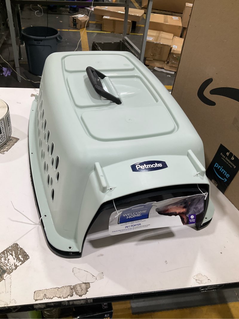 Condition photo showing As Is for incomplete, petmate pet porter fashion dog kennel plastic crate for pets 10-20 lbs, pet carrier for home and travel, made in usa, 24\\\" l x 14.5\\\" h, pale aqua and black 24.1\\\"l x 16.7\\\"w x 14.5\\\"h aqua blue/black