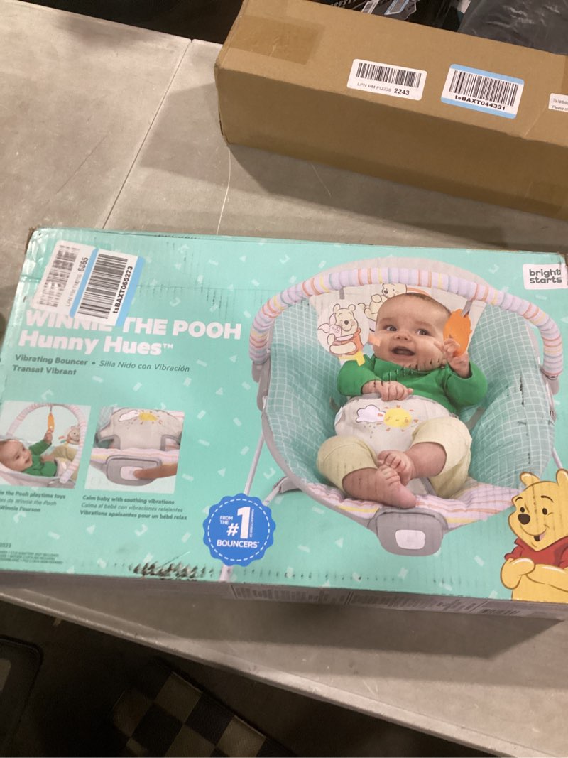 Condition photo showing New/Like New for bright starts disney baby winnie the pooh hunny hues bouncer with soothing vibrations, unisex, newborn+