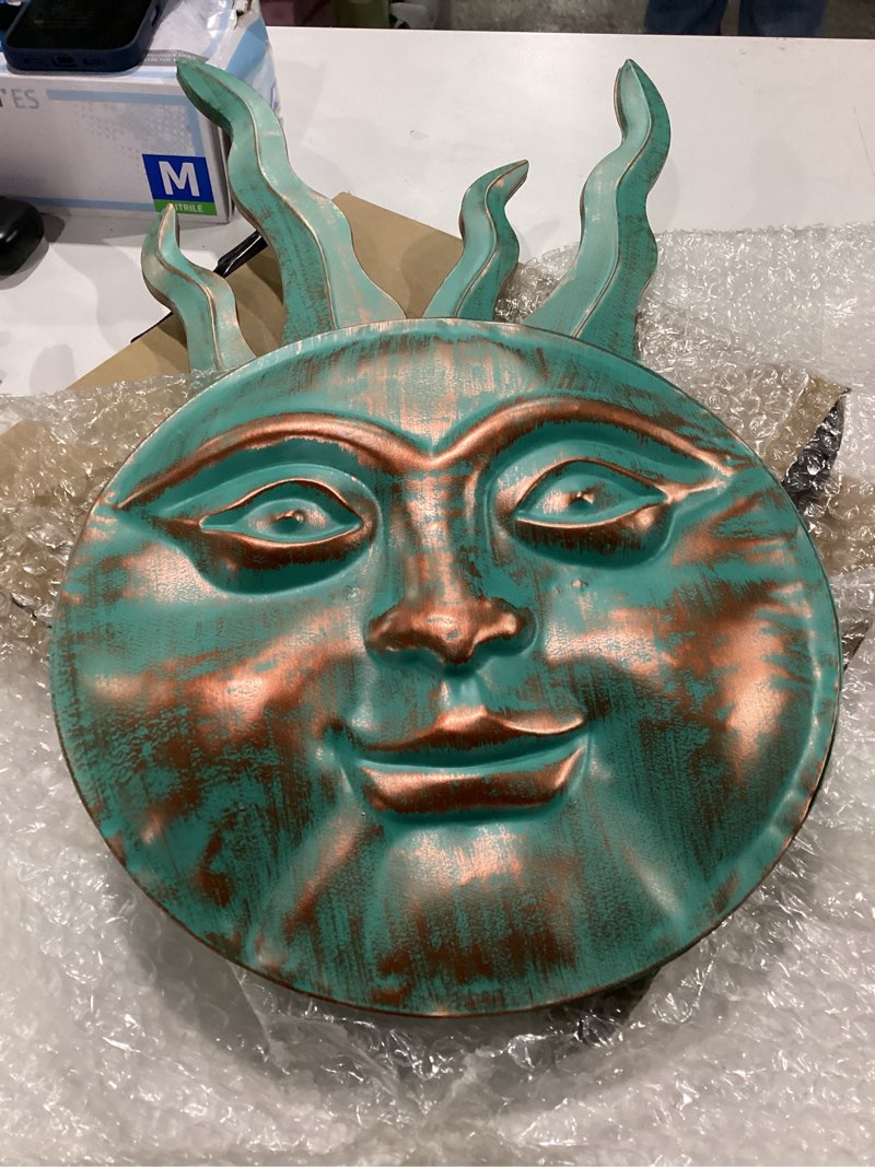 Condition photo showing New/Like New for VZVXCC Sun Metal Wall Art Outdoor Decor - Cute Sun Face Metal Wall Sculpture Statues Wall Art Hanging Decoration for Indoor Outdoor,Garden, Home, Farmhouse, Fence Balcony Patio and Bedroom Blue with Bronze