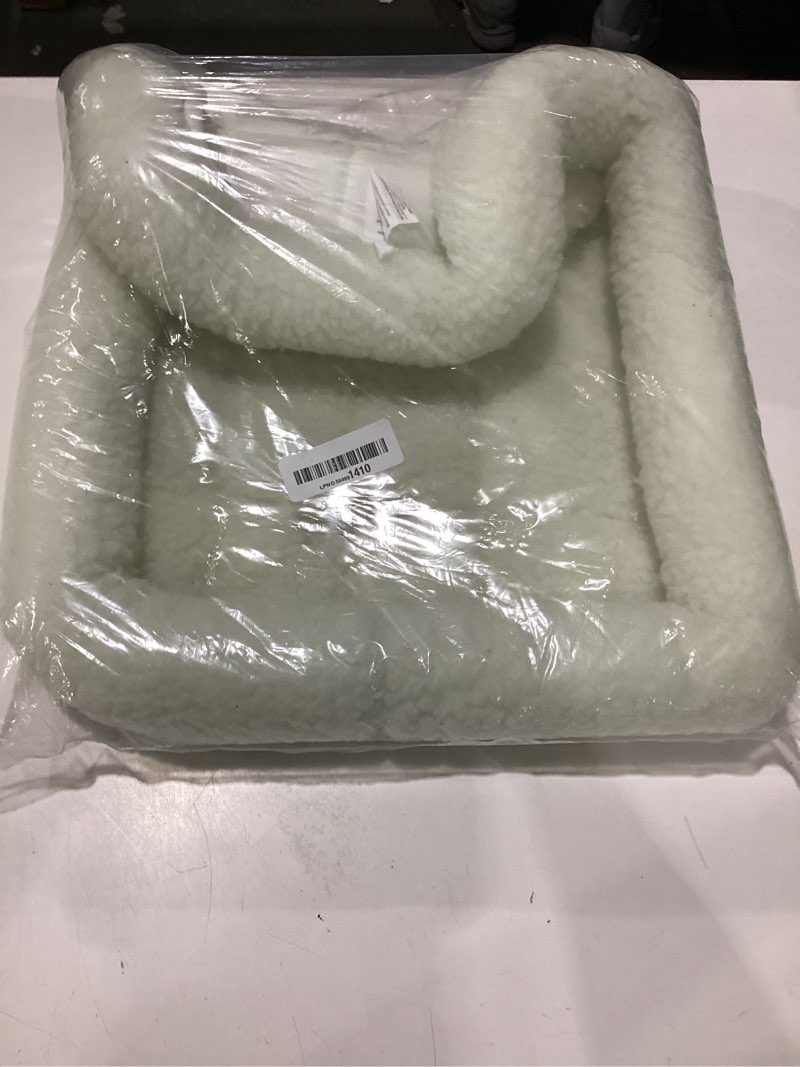 Condition photo showing As Is for small fuzzy dog bed, cream