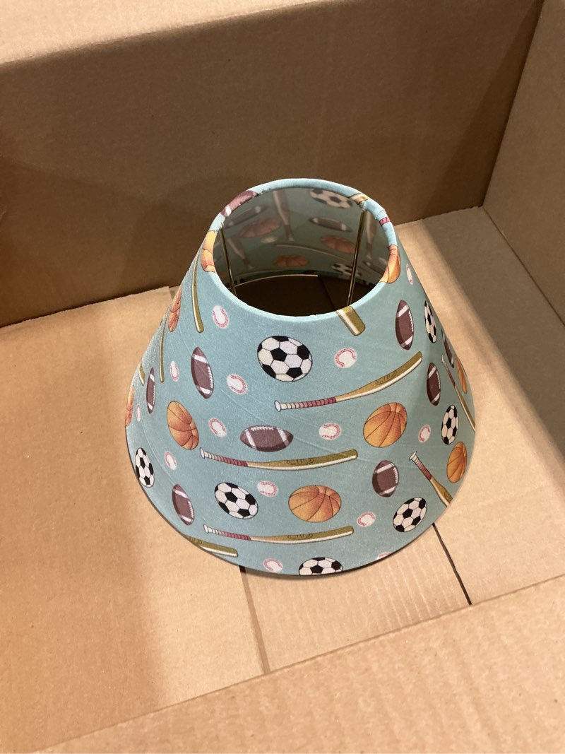 Condition photo showing New/Like New for Aspen Creative 58751 Transitional Hardback Empire Shape UNO Construction Lamp Shade in Gold, 13" Wide (6" x 13" x 9") Baby Blue with Sport Pattern