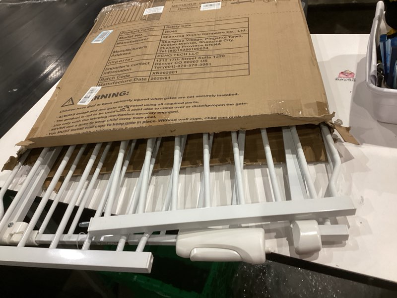 Condition photo showing As Is for allaibb extra wide baby gate pressure mount with auto-close, white metal safety gate for stairs & doorways - child proof, pet barrier for hallways, kitchen, living room for 62.02-66.93 inch white 62.02-66.93 inch/158-170cm