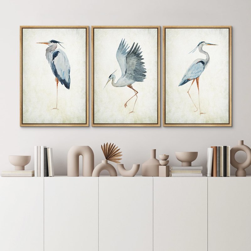 heron crane bird animals nautical decor - large framed canvas living room wall art work set 3 print