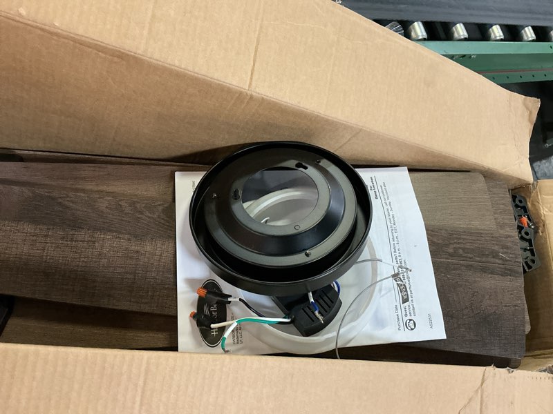 Condition photo showing As Is for harbor breeze talamore 60-in matte black with auburn/weathered oak blades color-changing integrated led indoor/outdoor downrod or flush mount ceiling fan with light and remote (8-blade)