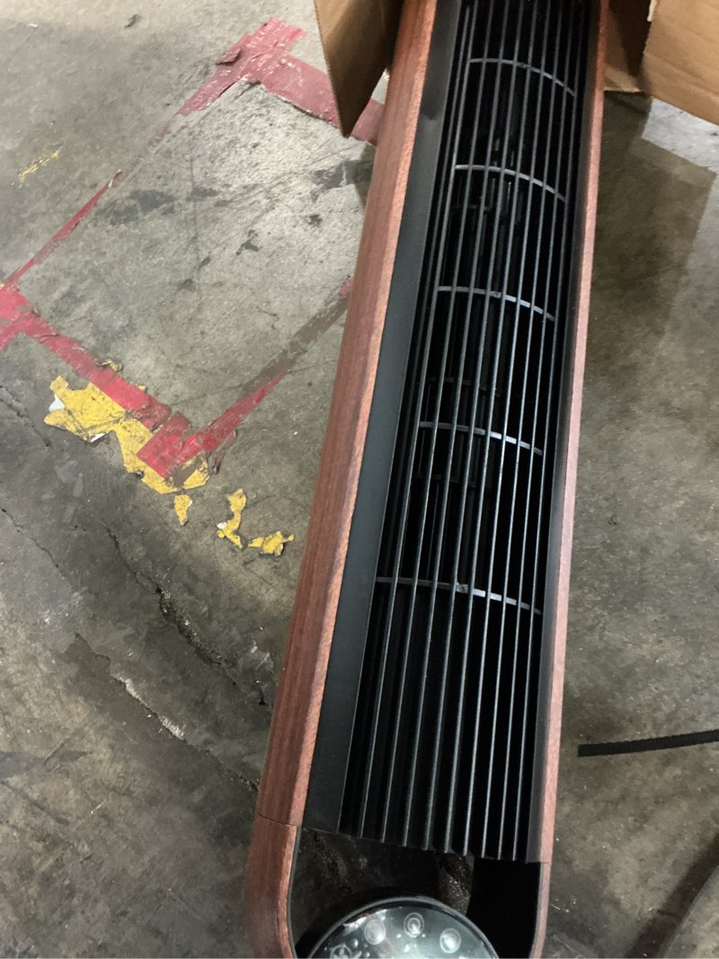 Condition photo showing As Is for better homes & gardens 40'' 5-speed oscillating tower fan with remote control, 3 wind modes, 12h timer, walnut & black