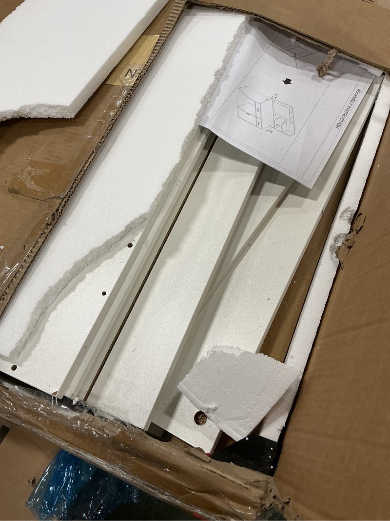 Condition photo showing As Is for Lighted Makeup Vanity Desk, 35.4“W x 15.7'”D x 54“H, White (with Lights and Mirror, Dimming Function, 2 Drawers and 1 Cabiniet, Open Shelves) by Boahaus