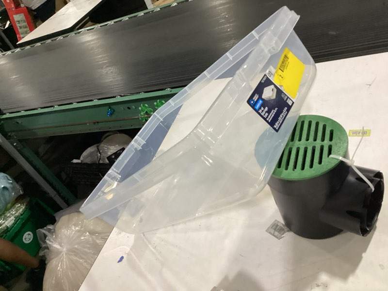 Condition photo showing As Is for small storage bin, 32 quart clear underbed storage container with latch lid