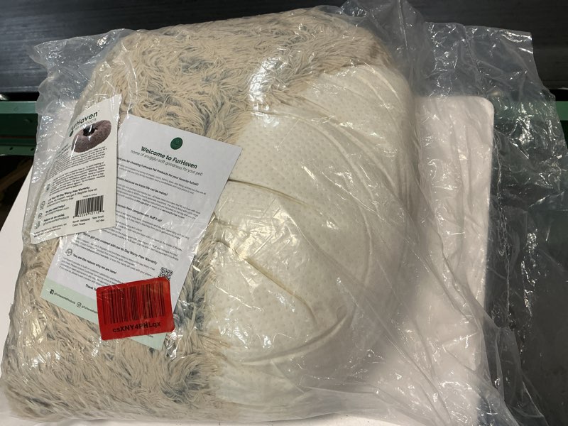 Condition photo showing New/Like New for furhaven 23" round calming donut dog bed for indoor cats & small dogs, washable, for dogs up to 20 lbs - shaggy plush long faux fur donut bed - gray, small, 23.0"l x 23.0"w x 9.0"th small gray